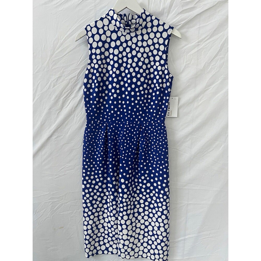 En Focus Studio Women’s Blue/White Polka Dot Mock Neck A-Line Dress Size 8